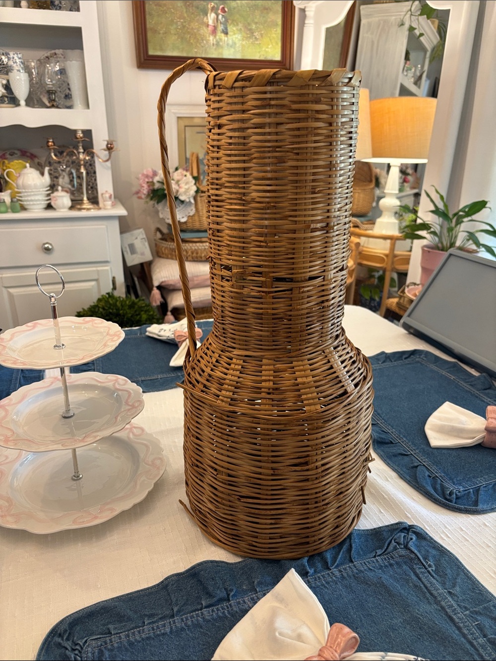 Vintage 70s Woven Rattan Tall Bottle Basket Vase - Natural Brown
